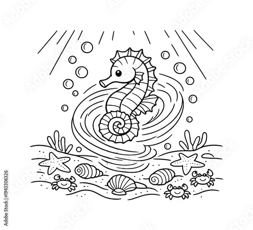 Cute cartoon seahorse swimming in the ocean with starfish, crabs, and shells