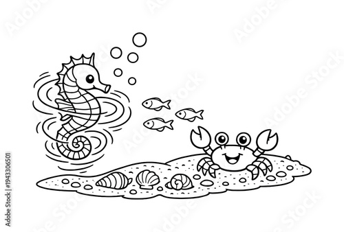Seahorse swirl twirling beside a friendly crab near a sandy patch with seashells and small pebbles, tiny fish