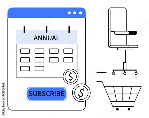 E-commerce, subscription services, online shopping, payment systems, office supplies, retail business. Annual calendar and subscribe button. E-commerce and subscription services concept