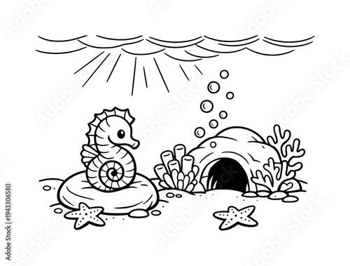 Cute cartoon seahorse sitting on a rock with starfish and coral reef underwater scene