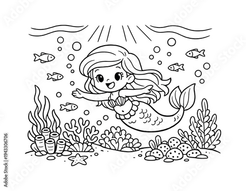 Cute cartoon mermaid swimming happily underwater with fish and coral reefs