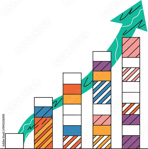 Stacked Bar Chart Infographic with Rising Green Arrow for Business Growth and Financial Success Trends