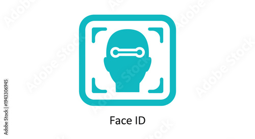 Teal vector graphic illustration depicting a stylized human head silhouette undergoing biometric facial recognition scanning for secure digital identification verification purposes.