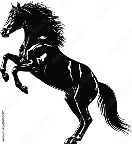 Rearing horse silhouette black stallion jumping equestrian mascot isolated on white background, cad drawing flat vector illustration for ranch logo