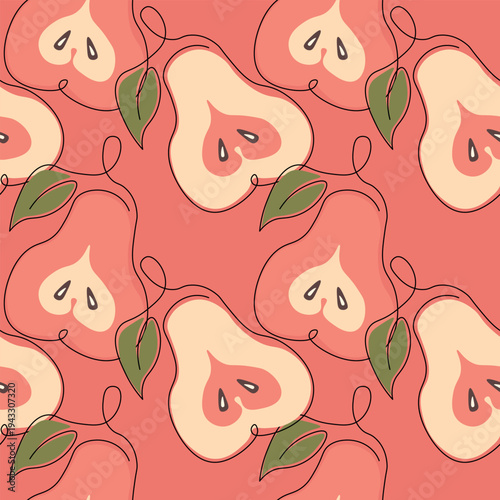 Seamless pattern with pear on color background. Natural delicious fresh ripe tasty fruit. Sweet pears with leaves. Food concept. Vector illustration for print, fabric, textile.