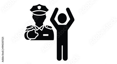 Police officer and person with hands up in a black and white icon set