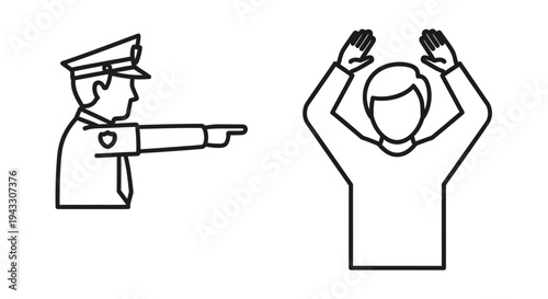 Line art illustration depicting a police officer and a person with raised hands