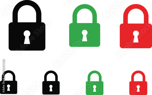 Collection of padlocks in three different colors and sizes arranged in a grid Vector