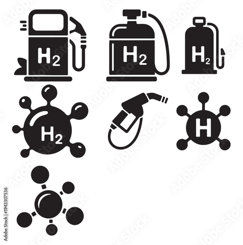 "Hydrogen fuel and clean energy icon set with H2 gas station and molecular symbols"