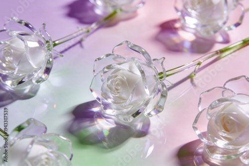 Clear glass roses displayed on a colorful background in a creative arrangement in a well-lit setting during the day