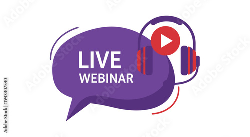 Engaging vector graphic illustration featuring a purple speech bubble announcing a live webinar event with overlaid modern red and purple audio headphones icon.