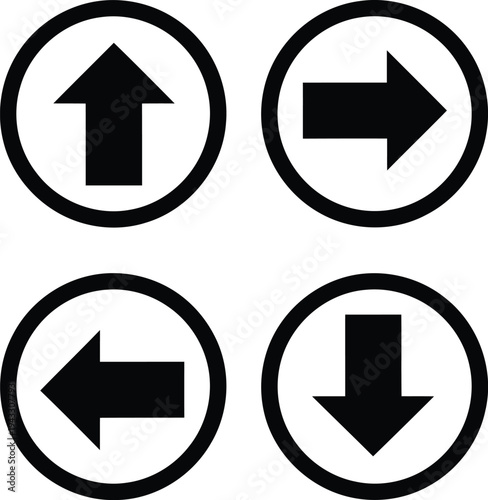 Four directional arrows enclosed in circular borders indicating movement directions. Vector