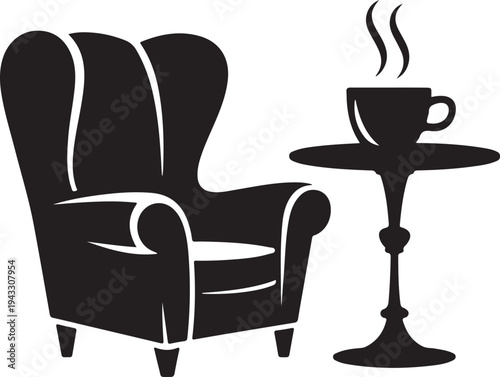Comfort Armchair and Coffee Table Icon – Cozy Cafe Lounge Silhouette Vector