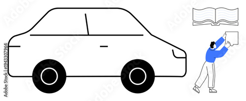 Car safety concept. Car with manual and person interacting with signage for learning and awareness. Car safety essential for navigation, education, and transport. For auto knowledge materials