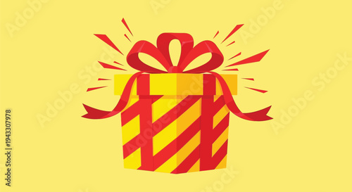 Brightly colored vector illustration of a cheerful yellow gift box wrapped with a vibrant red ribbon and dramatic celebratory sparkles signifying a grand present opening.