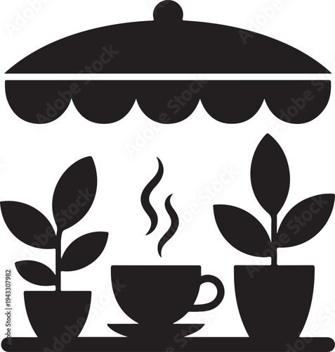 Outdoor Cafe Coffee Table with Plants Icon – Patio Coffee Silhouette Vector
