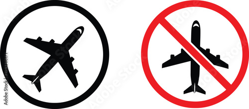 Symbols indicating allowed and prohibited air travel in circular icons. Vector