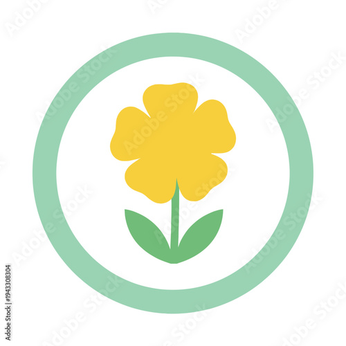 A modern, minimalist vector graphic of a yellow flower within a pastel green circle, suitable for use as a spring decorative badge or logo template with a clean and simple design.