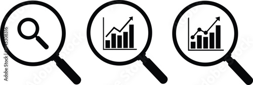 Three magnifying glasses highlighting search, analysis, and charting concepts. Vector