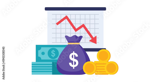 Vector illustration depicting financial decline with a prominent red arrow showing a sharp downward trend across a grid chart hovering above currency.