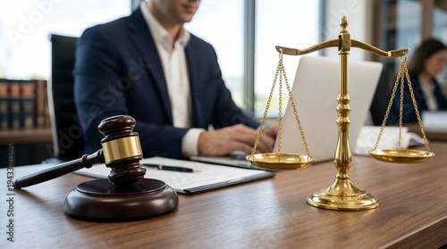 Wooden Gavel and Scales of Justice on Desk with Laptop for Law, Legal Services, and Courtroom Judgment Concept