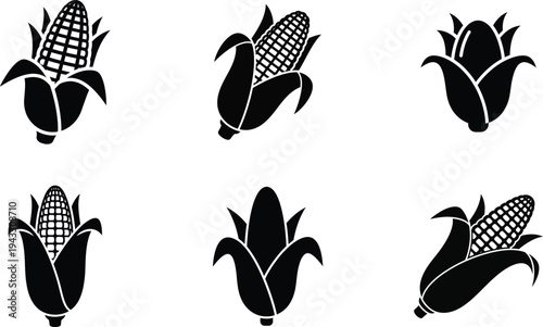 Six black and white illustrations of corn on the cob