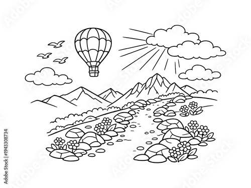 Whimsical hot air balloon floats over rocky mountain landscape with flowers and birds