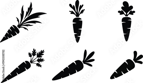 Six black silhouettes of carrots with leafy greens on white background