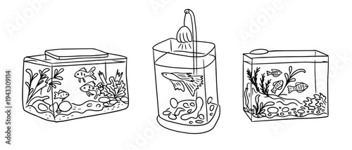 Three distinct fish tanks illustrated with aquatic plants, colorful fish, and decorative stones, showcasing various designs and arrangements for home aquariums