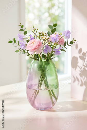 Flowers in a clear vase placed on a table near a window during daytime with sunlight