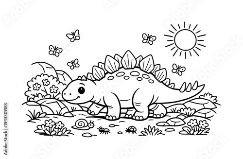 Stegosaurus buddy exploring a rocky hillside with small flowers and bushes, tiny insects crawling nearby, butterflies flying