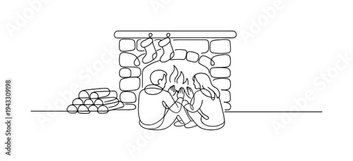 Cozy Fireplace Moment. Couple seated on the floor in front of a stone fireplace warming their hands, stack of firewood arranged to