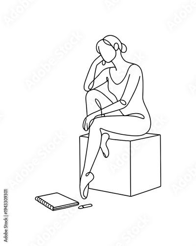 Seated figure in fitted full-body leotard doing a classical pose on a cube block, toes pointed, sketchbook and charcoal stick