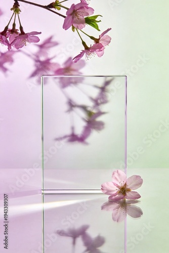 Close-up view of glass block with cherry blossom reflections on surface in light pastel colors