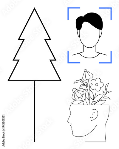 Outline tree, human head with flowers, and a facial scan emphasize nature, growth, creativity, technology, self-awareness, identity and mindfulness. Ideal for eco-awareness and tech-mental