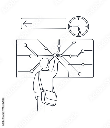 Subway map board mounted on a station wall with a commuter pointing at intersecting route lines, shoulder bag hanging at side,