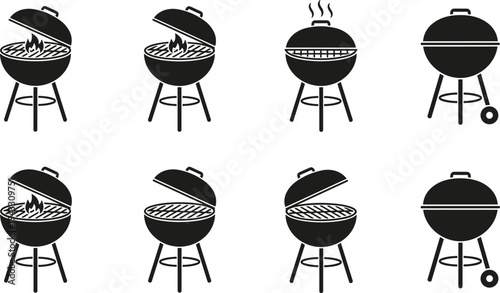 Barbecue grill icon set, black flat vector symbols including kettle grills with fire, open lids, closed lids, and charcoal smokers for cooking