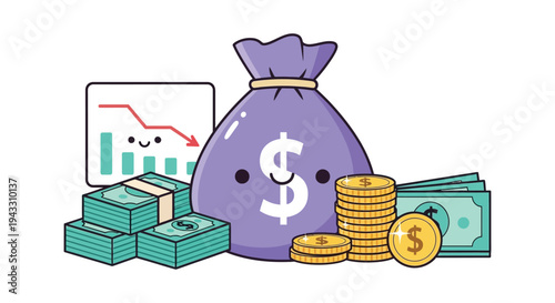 A purple money bag with a dollar sign and a smiling face surrounded by stacks of cash and coins and a graph showing a decline