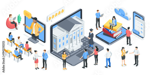 isometric vector illustration on the topic of online education, in color on a white background, with students attending online lectures and applicants, as well as teachers on  computer screen and clou
