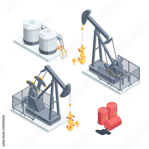 Isometric vector oil production pumping units and barrels, in color on a white background, world oil production and oil markets