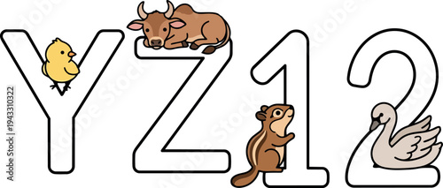 Cute animals sitting on letters y z one two including chick cow chipmunk and swan cartoon colorful vector design