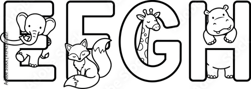 Black and white outline vector art of elephant fox giraffe and hippopotamus integrated with uppercase letters e s g h animal alphabet design