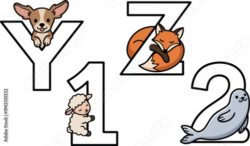 Cute smiling chihuahua puppy resting on letter y with sleeping fox on letter z and fluffy lamb on number one with playful seal on number two vector illustration