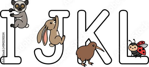 Cute lemur clinging to letter i brown rabbit climbing letter j kiwi bird standing near letter k ladybug sitting on letter l playful animal alphabet design vector art