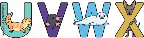 Colorful alphabet letters u v w x with reptile mole seal and dog animal cartoon vector design