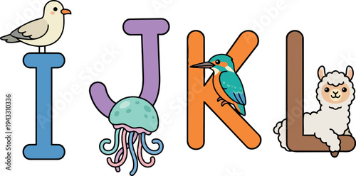 Colorful vector art of blue letter i with bird purple j with jellyfish orange k with kingfisher and brown l with llama cartoon animals