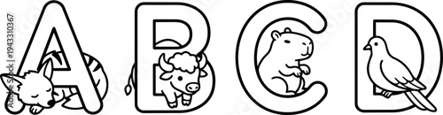 Cute black and white line art vector animals with letters a b c d including sleeping fox buffalo capybara and dove