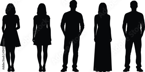 Black silhouette of people, men and women standing in casual and formal clothing, isolated vector illustration for fashion, diversity, and community groups