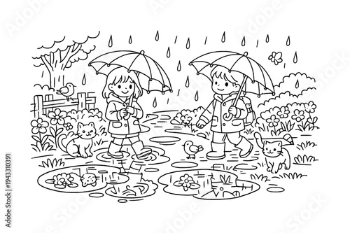 Rainy Day Stroll. Spring flowers in a forest clearing with sunlight filtering through the trees, friendly animals like rabbits and