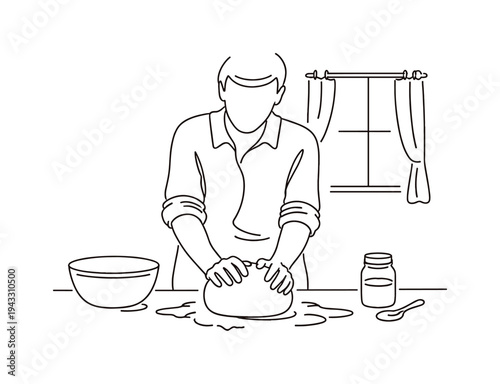 Person kneading a round ball of dough on a floured kitchen counter, sleeves rolled up, mixing bowl and small jar of yeast nearby,
